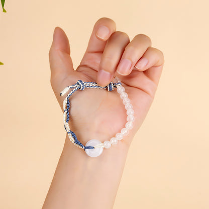 White Chalcedony Peace Buckle Handmade Woven Bracelet | Harmony Purity Chinese Style Charm