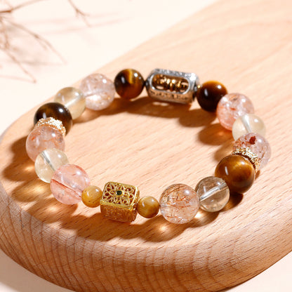 Natural Black Gold Tiger Eye and Yellow Crystal Bracelet with Six-Word Mantra for Luck