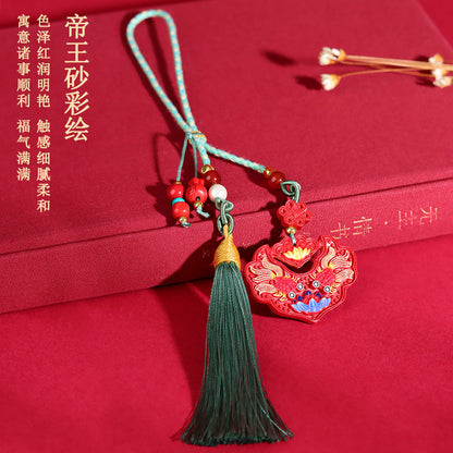 Natural Imperial Red Cinnabar Double Fish Koi Lock Car Pendant Keychain