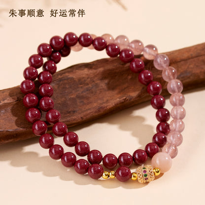 Natural Purple Gold Cinnabar Strawberry Crystal Double Circle Bracelet - Peach Blossom Luck Charm