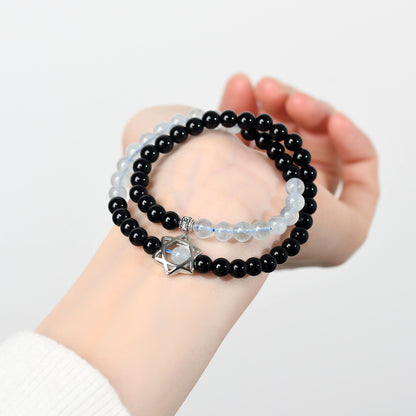 Natural Obsidian Aquamarine Double Circle Hexagram Bracelet - Spiritual Protection & Harmony