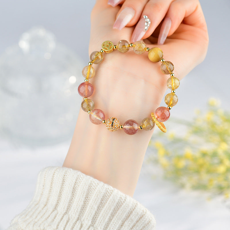Natural Yellow Rutilated Strawberry Quartz Taurus Crystal Bracelet for Women