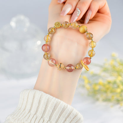 Natural Yellow Rutilated Strawberry Quartz Taurus Crystal Bracelet for Women