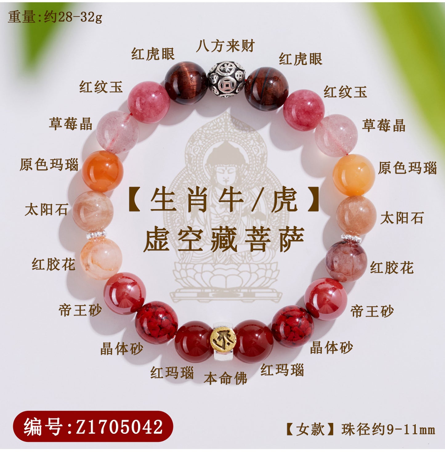 Natural Crystal Multi-Gem Sanskrit Eight Guardian Deities Zodiac Buddha Balance Bracelet