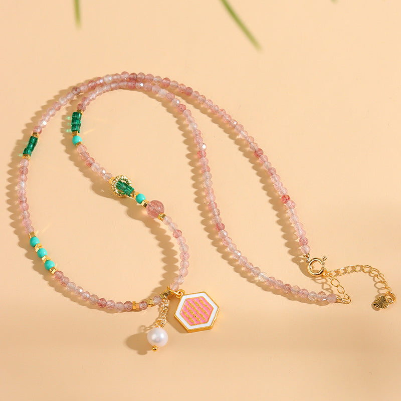 Natural Strawberry Crystal Faceted Necklace | Elegant Light Luxury Collarbone Choker for Love & Luck