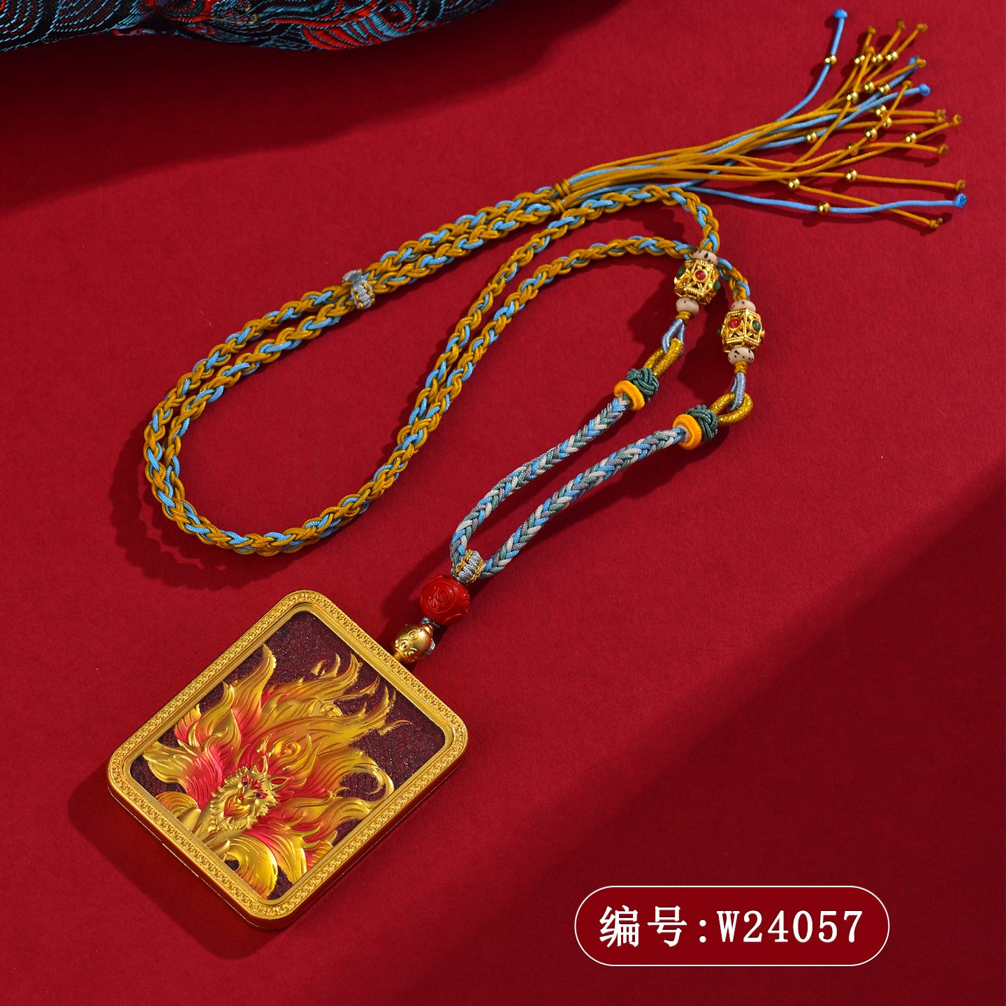 Purple Gold Cinnabar Relief Nine-Tailed Fox Thangka Pendant - Tibetan Handwoven Necklace for Spiritual Protection