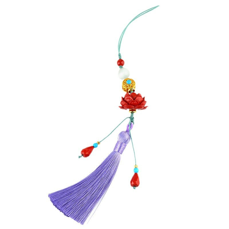 Natural Cinnabar Lotus Tassel Pendant - Protective Charm for Phone, Keychain & Bag
