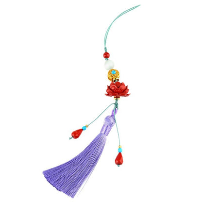 Natural Cinnabar Lotus Tassel Pendant - Protective Charm for Phone, Keychain & Bag