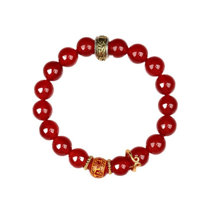 Wukong Themed Obsidian Red Agate Bracelet - Black Gold Silver Spiritual Couple's Jewelry