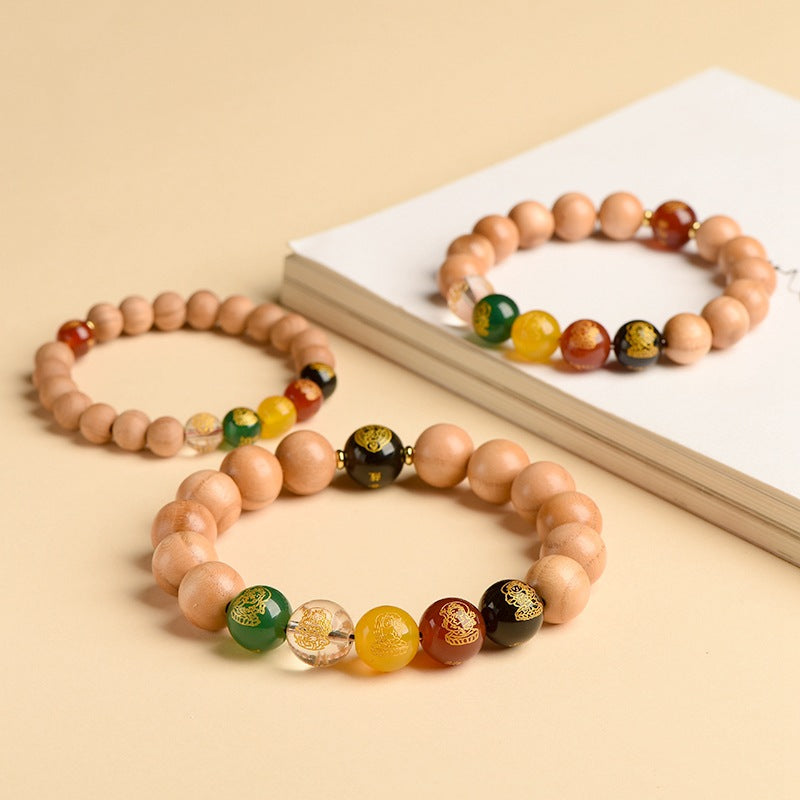 Taishan Peach Wood Zodiac Buddha Wealth God Bracelet - Spiritual Protection & Fortune Amulet