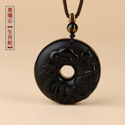 Natural Obsidian Zodiac Peace Buckle Pendant | Spiritual Protection & Fortune Necklace