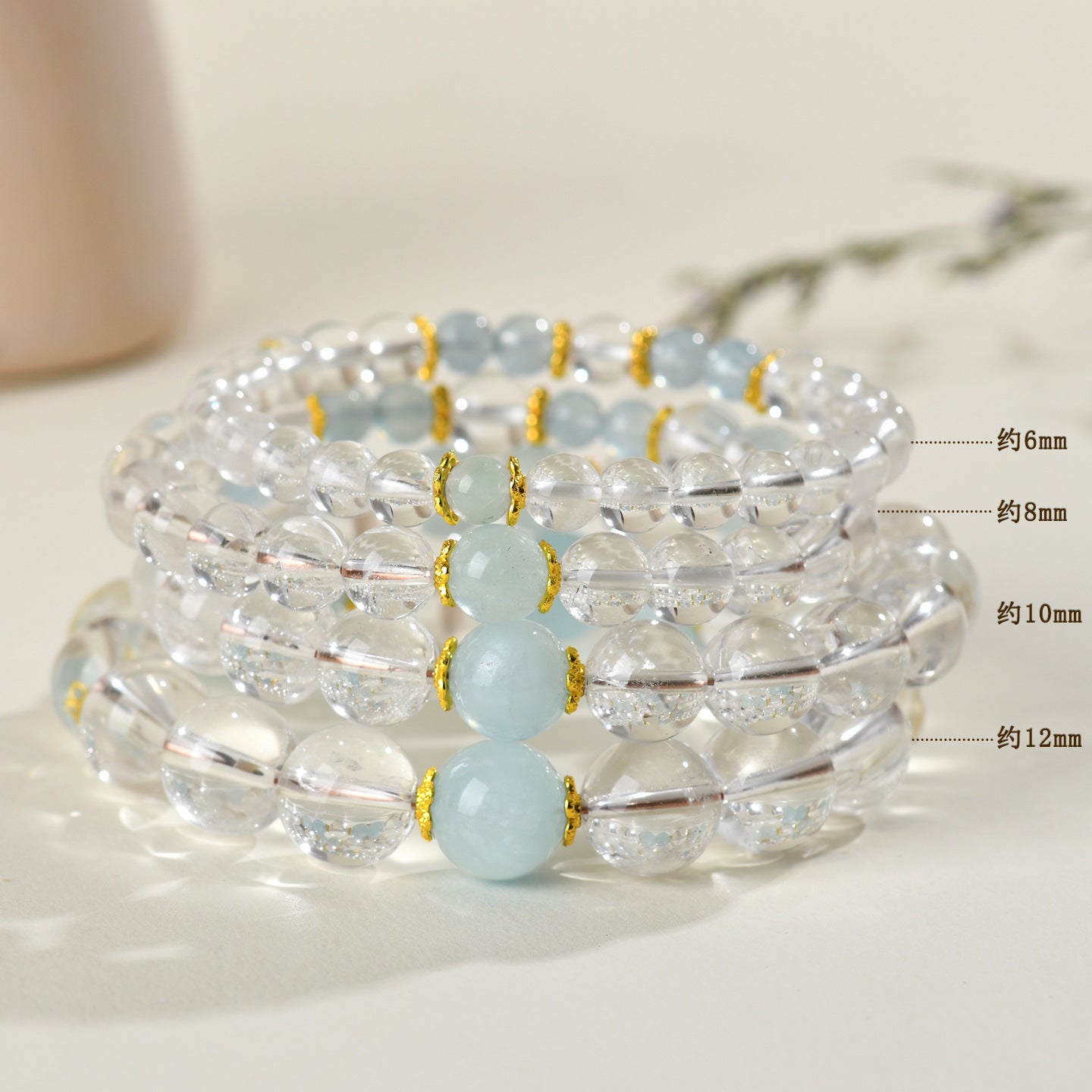 Natural Crystal Energy Bracelet with White Crystal, Obsidian, Strawberry Quartz, and Aquamarine | Spiritual Harmony & Protection