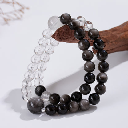 Natural Silver Obsidian White Crystal Double Circle Bracelet - Couple Spiritual Protection Beads