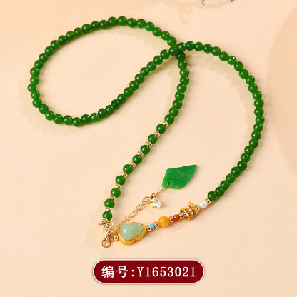 Green Chalcedony Gourd Pendant Necklace | Chinese Retro Style Fortune & Protection Amulet