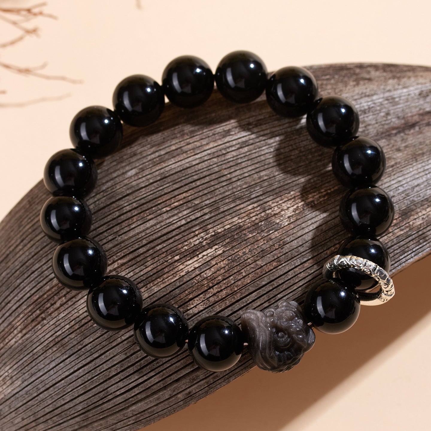 Natural Obsidian Lion Dance Bracelet - Chinese Style Unisex Couple Protection Amulet