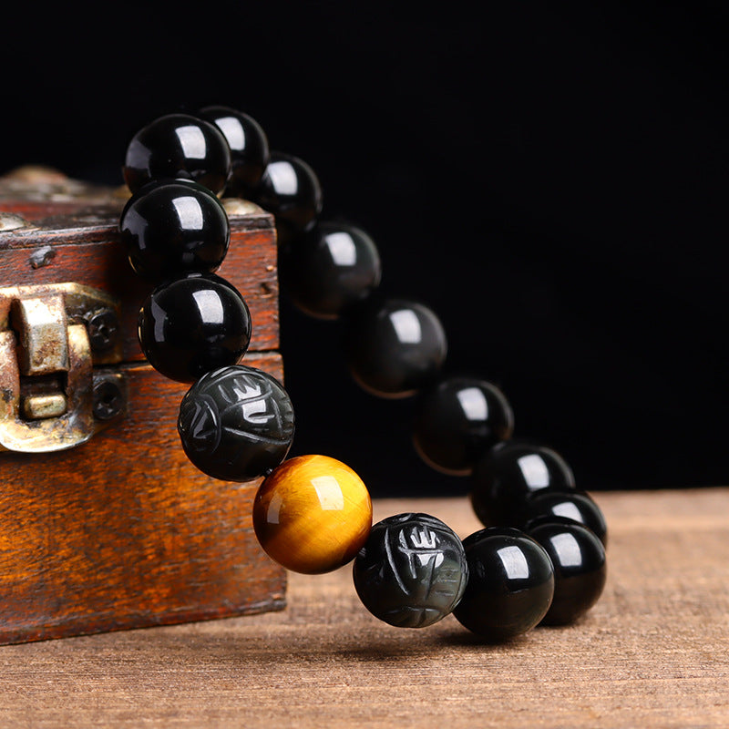 Natural Obsidian Gold-Swallowing Pixiu Double Color Tiger Eye Stone Bracelet for Wealth & Protection