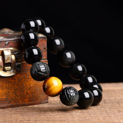 Natural Obsidian Gold-Swallowing Pixiu Double Color Tiger Eye Stone Bracelet for Wealth & Protection