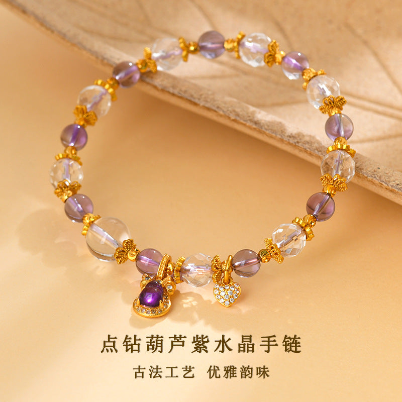 Golden Sand Gourd Amethyst Crystal Bracelet | Spiritual Harmony & Wealth Charm