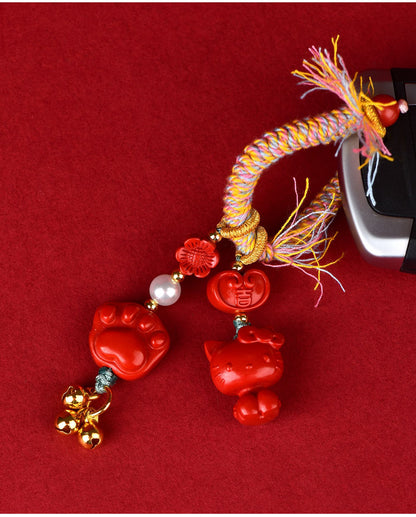 Imperial Red Cinnabar Cat Paw Keychain - Tibetan Woven Style Protection Amulet