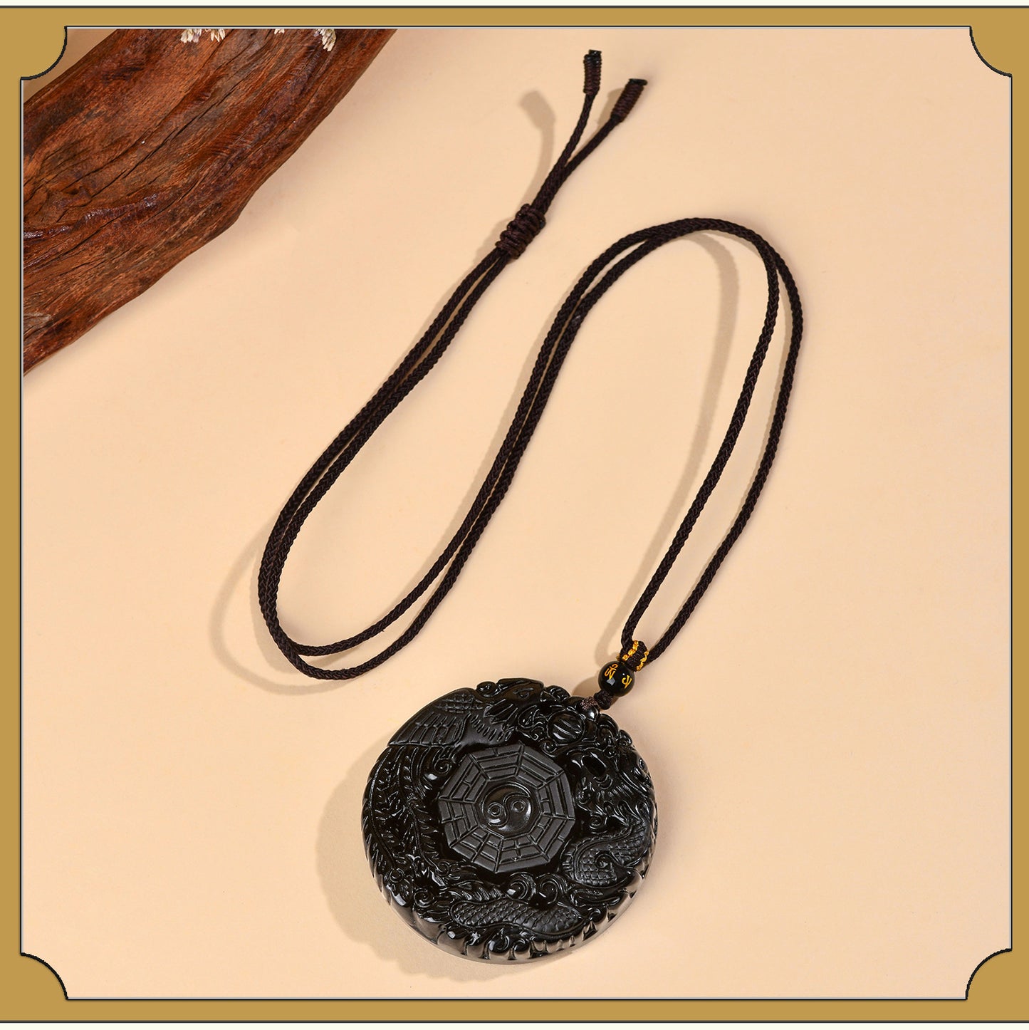 Natural Obsidian Dragon Phoenix Tai Chi Bagua Round Pendant Necklace - Harmony & Protection Amulet