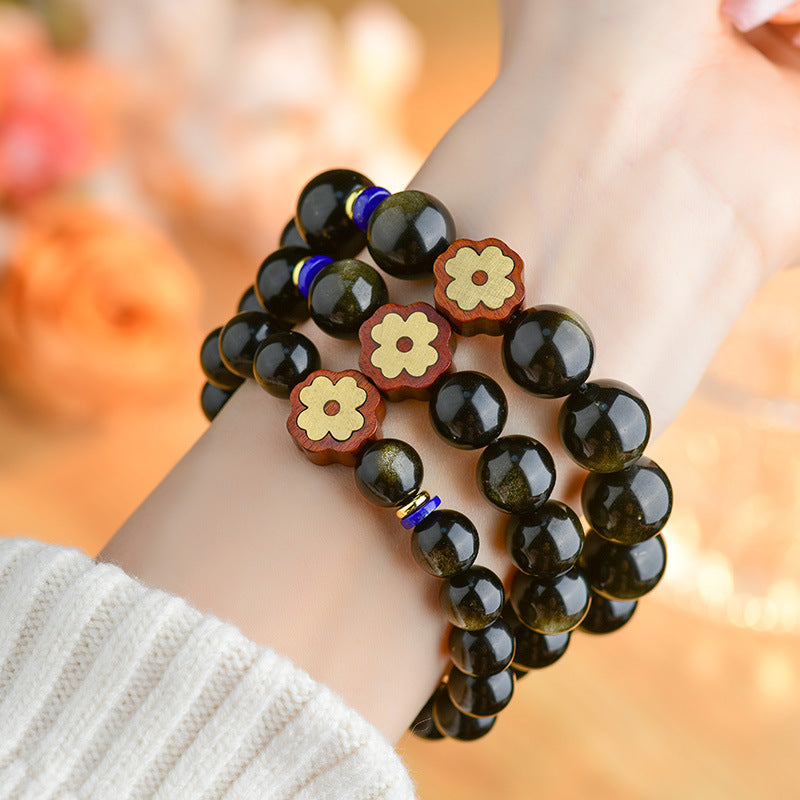 Gold Obsidian Double Eye Bracelet with Lucky Clover - Feng Shui Protection & Wealth Attraction