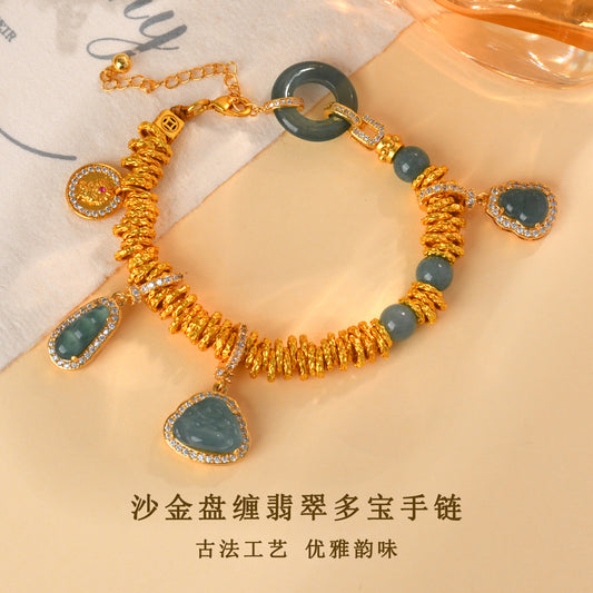 Golden Coiled Natural Jade Multi-Gem Bracelet | Wealth & Protection Talisman