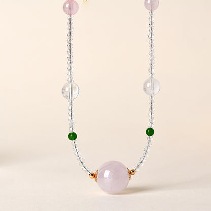 Natural White & Pink Crystal Round Bead Pendant Necklace | Spiritual Elegance & Protection