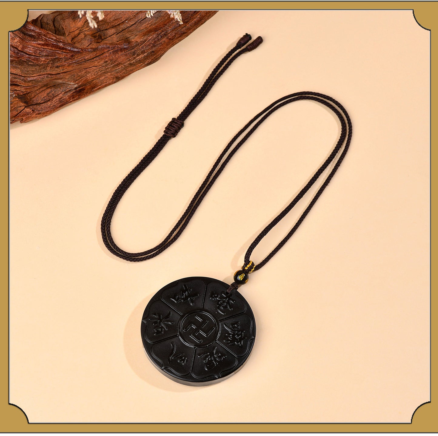 Natural Obsidian Six-Word Mantra Pendant with Swastika - Lucky Protection Amulet Necklace