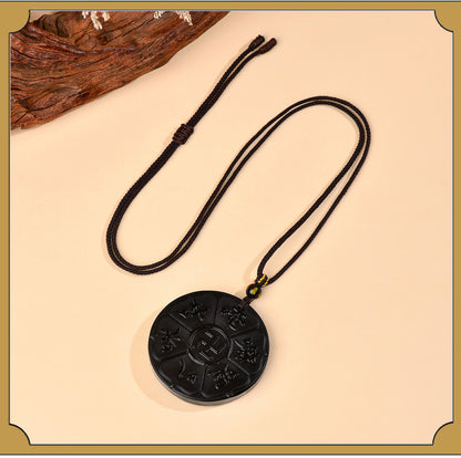 Natural Obsidian Six-Word Mantra Pendant with Swastika - Lucky Protection Amulet Necklace