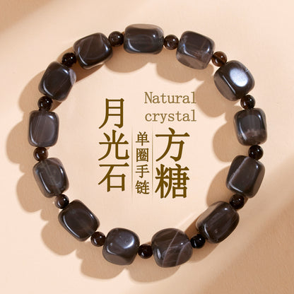 Natural Gray Moonstone Sugar Cube Bracelet | Mystical Protection & Feminine Elegance