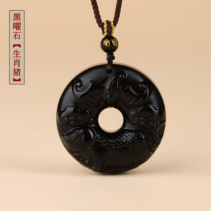Natural Obsidian Zodiac Peace Buckle Pendant | Spiritual Protection & Fortune Necklace