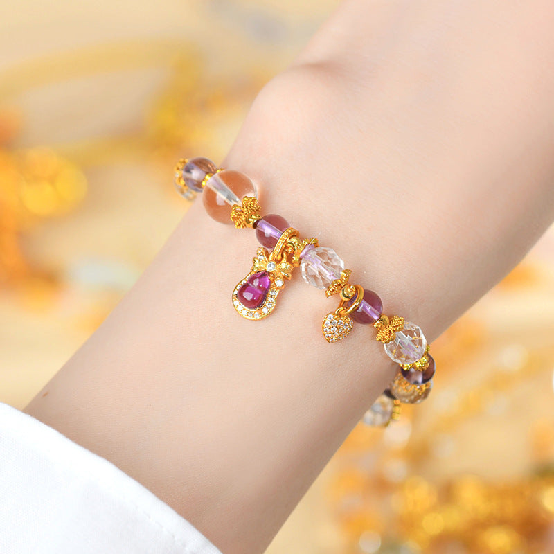 Golden Sand Gourd Amethyst Crystal Bracelet | Spiritual Harmony & Wealth Charm