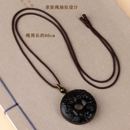 Natural Obsidian Zodiac Peace Buckle Pendant | Spiritual Protection & Fortune Necklace