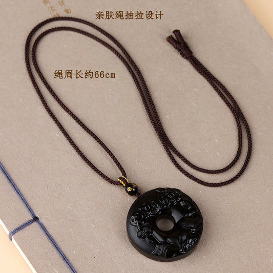 Natural Obsidian Zodiac Peace Buckle Pendant | Spiritual Protection & Fortune Necklace
