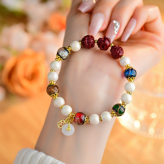 Five Blessings Fragrant Ash Glazed Cinnabar Zodiac Three-in-One Bracelet - Dragon Year Auspicious Talisman