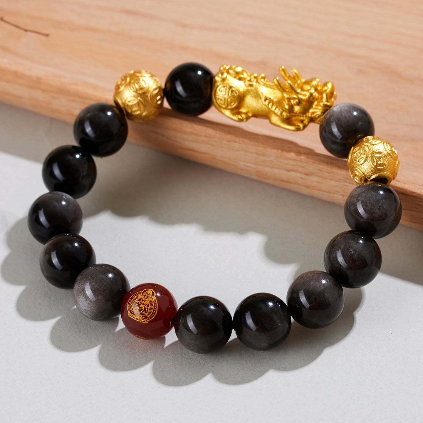 Natural Obsidian Gold Pixiu Zodiac Buddha Bracelet for Wealth Protection and Spiritual Harmony