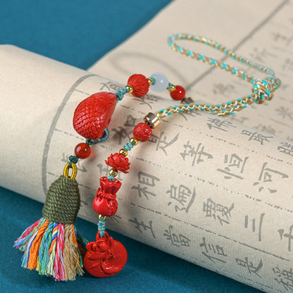 Natural Cinnabar Lotus Prosperity Car Pendant Keychain - Wealth & Protection Talisman