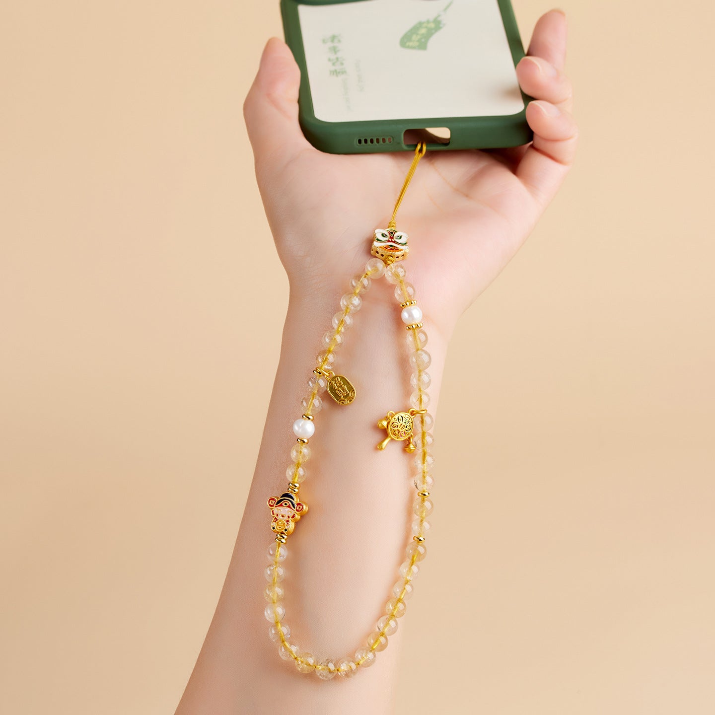 Golden Rutilated Quartz Phone Charm - Wealth Attraction & Protection Amulet