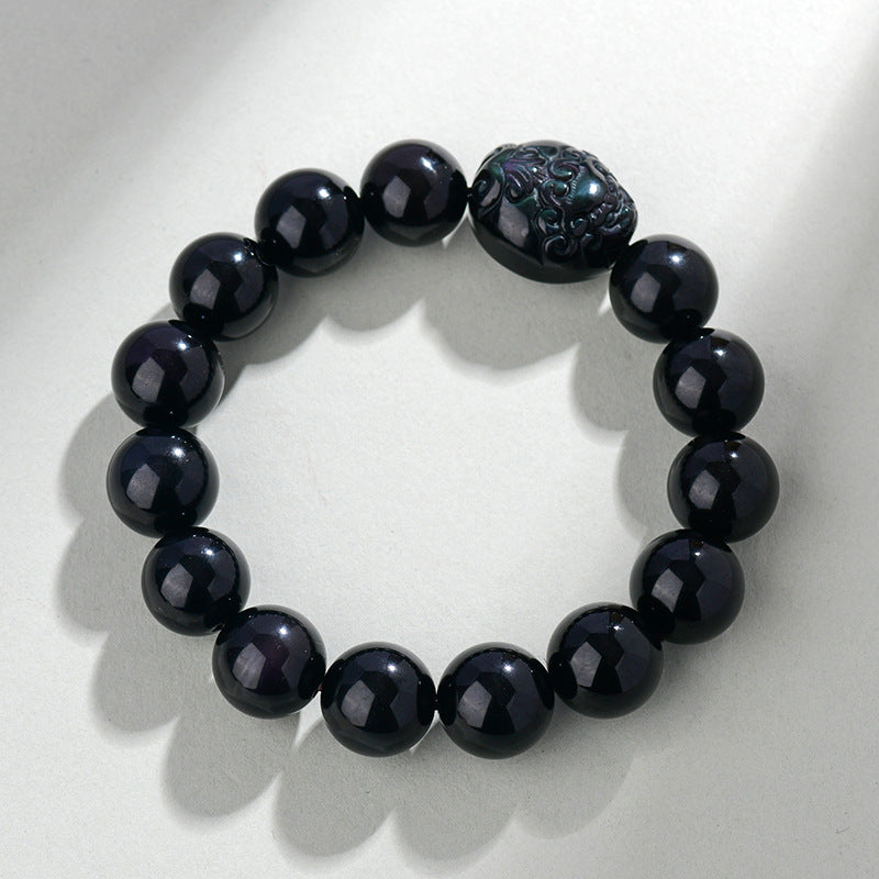 Natural Rainbow Eye Obsidian Pixiu Bracelet - Wealth and Protection Talisman for Couples
