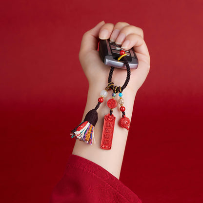 Imperial Red Cinnabar Keychain with Pineapple Charm - Wealth and Protection Amulet