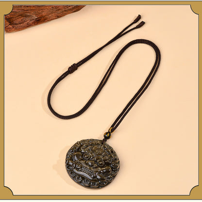Golden Obsidian Bagua Pixiu Pendant Necklace - Spiritual Protection & Wealth