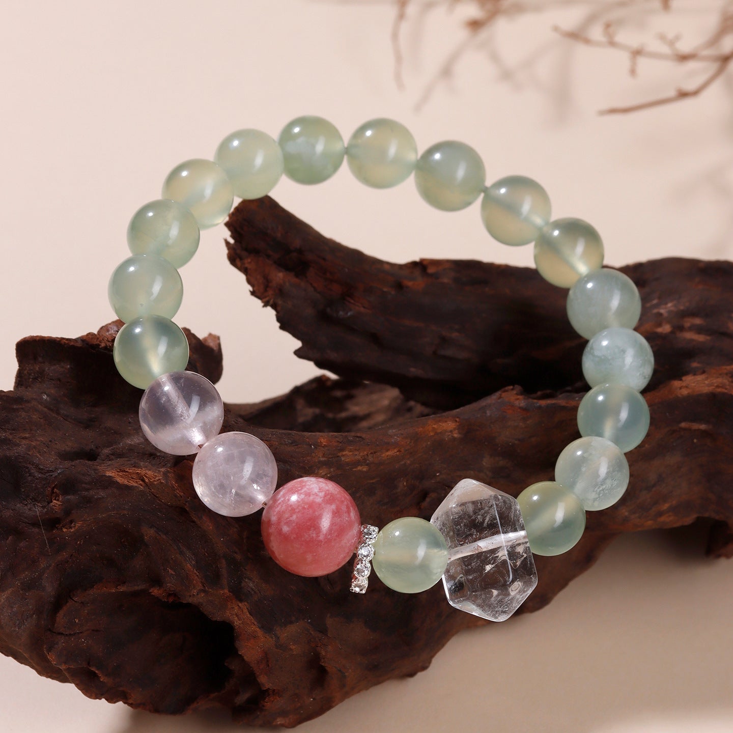 Natural Xiuyan Jade Bracelet with Ice Pink Crystal and Cherry Blossom Motifs