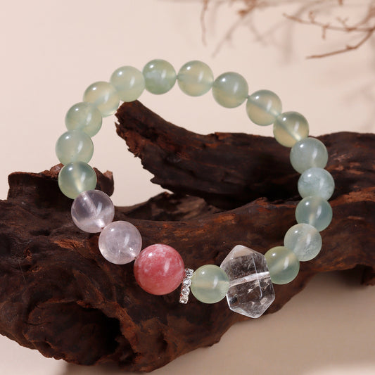 Natural Xiuyan Jade Bracelet with Ice Pink Crystal and Cherry Blossom Motifs