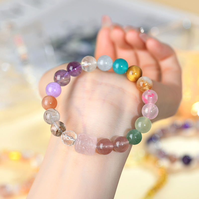 Natural Crystal Multi-Gem Rose Quartz Phoenix Peony Bracelet - Black Gold Super Seven Energy Talisman