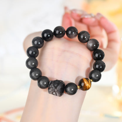Natural Obsidian Lion Awakening Bracelet | Chinese Style Unisex Protection Talisman