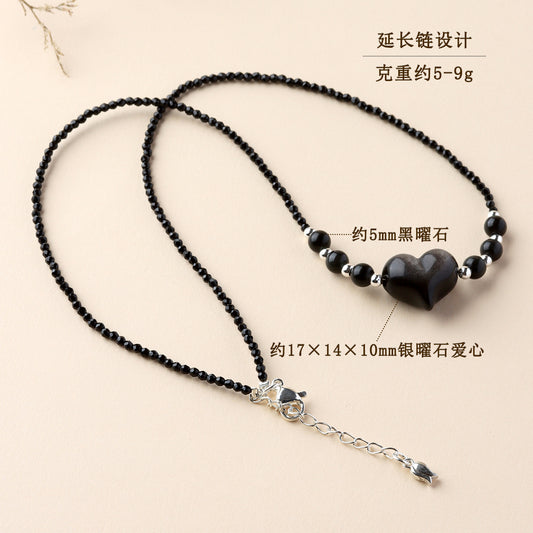 Natural Silver Obsidian Heart Necklace | Adjustable Collarbone Chain for Women