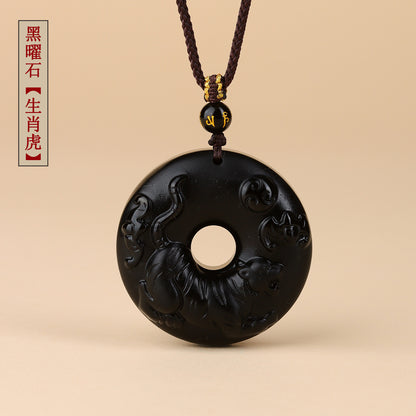 Natural Obsidian Zodiac Peace Buckle Pendant | Spiritual Protection & Fortune Necklace