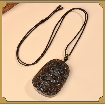 Natural Obsidian S Dragon Pendant - Zodiac Year Charm for Protection and Prosperity
