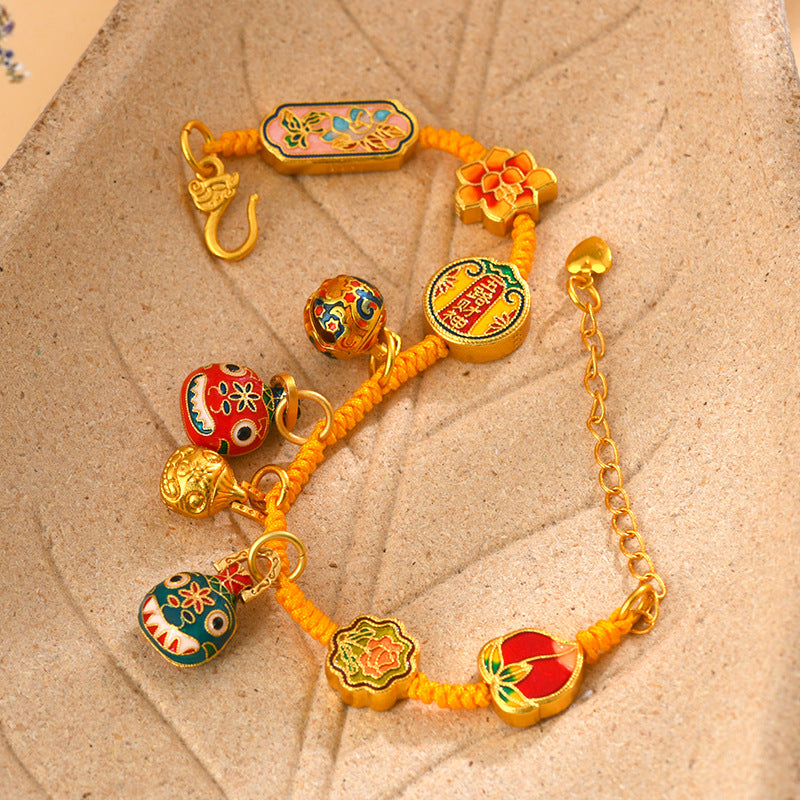 Gold-Plated Blue Enamel Gold-Swallowing Beast Family of Three Five-Way God of Wealth Hand-Woven Bracelet