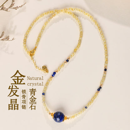 Natural Golden Rutilated Quartz Lapis Lazuli Collarbone Necklace | Wealth & Wisdom Talisman for Women